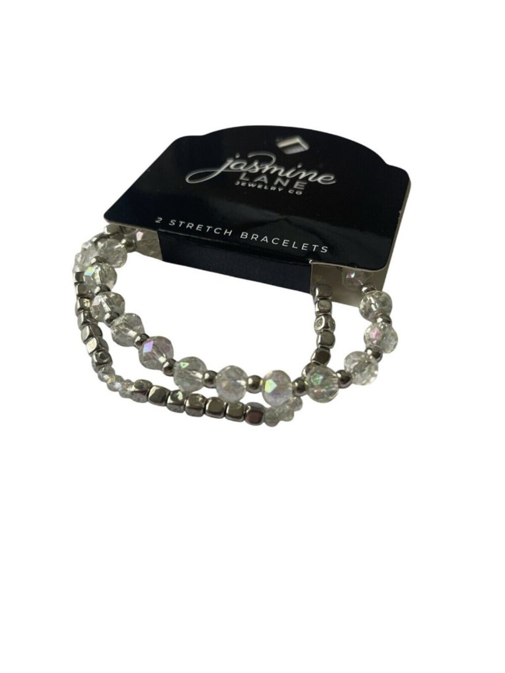 NWT Jasmine Lane 2 Pack Stretch Beaded Bracelets Silver Gray / Clear